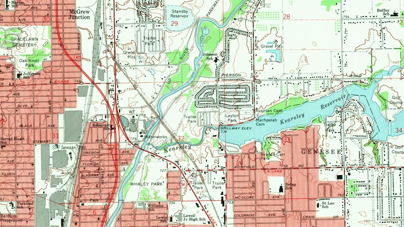 Historical USGS topographic map showing the Flint waterworks, Flint River, and Kearsley Reservoir.